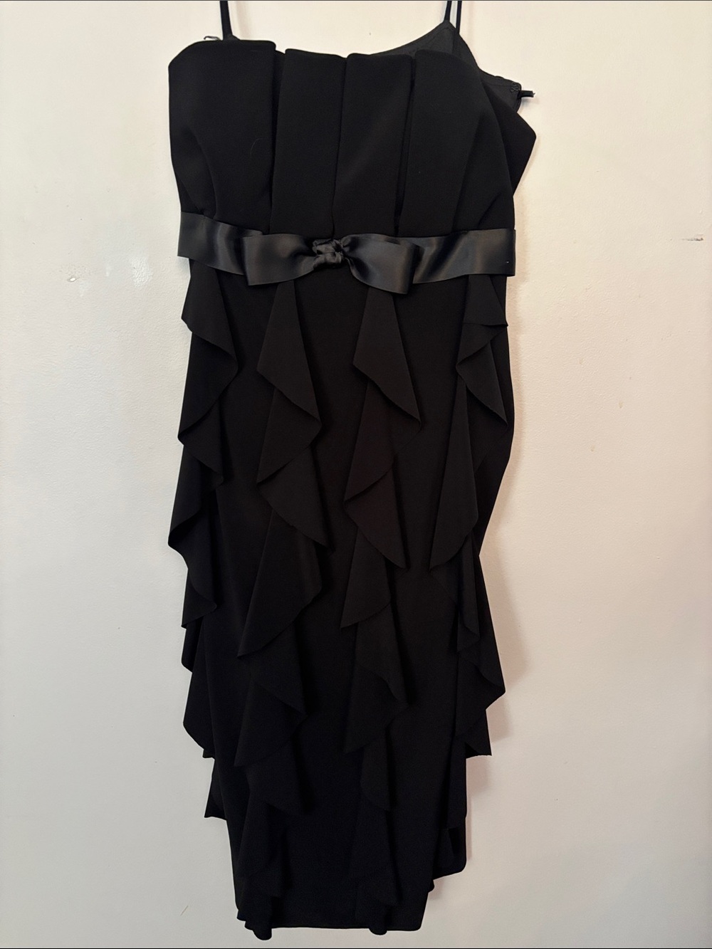 Betsy & Adam Black Strapless Ruffle Cocktail Dress with Satin Bow